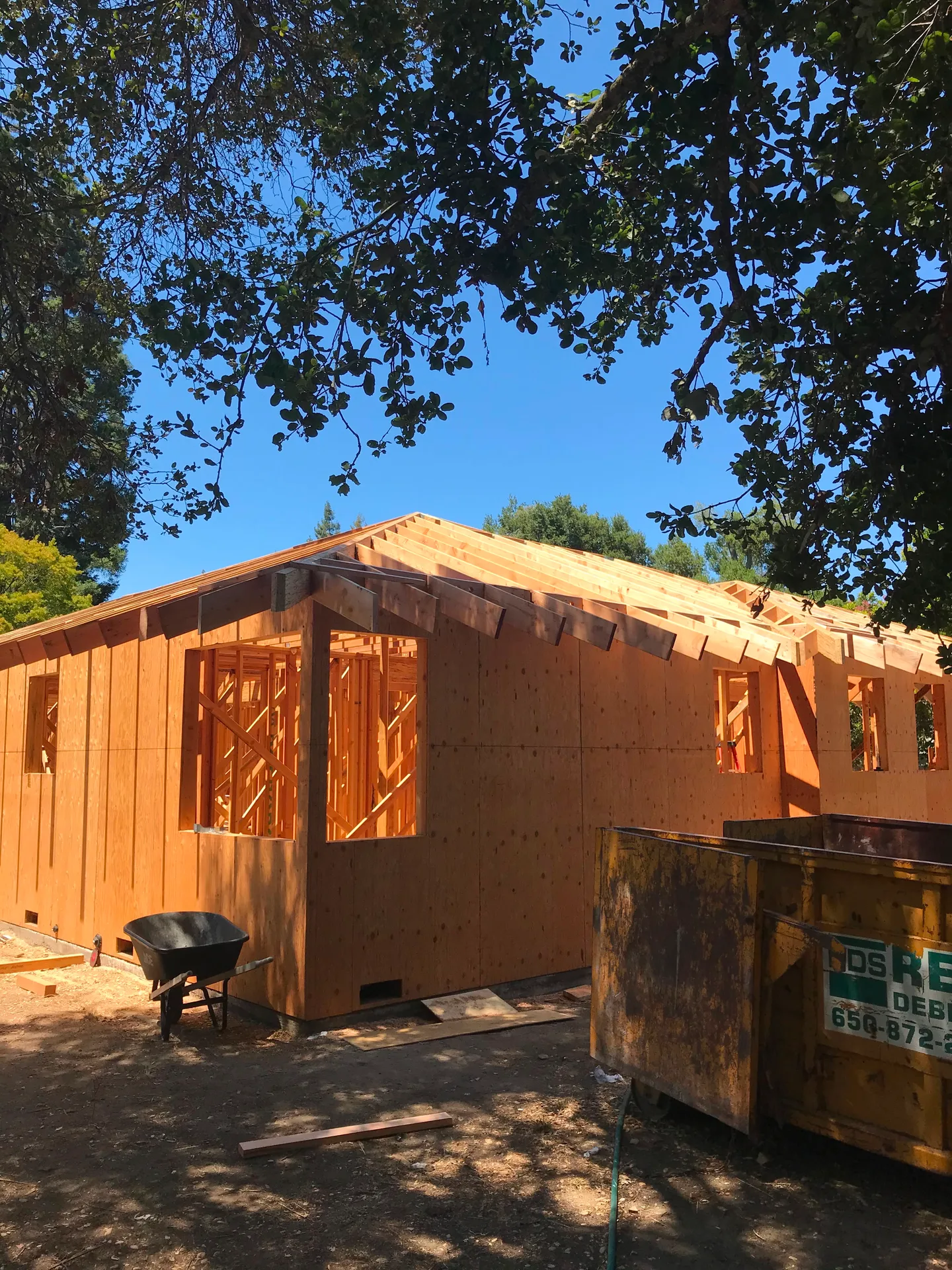 Custom home framing, angled exterior view