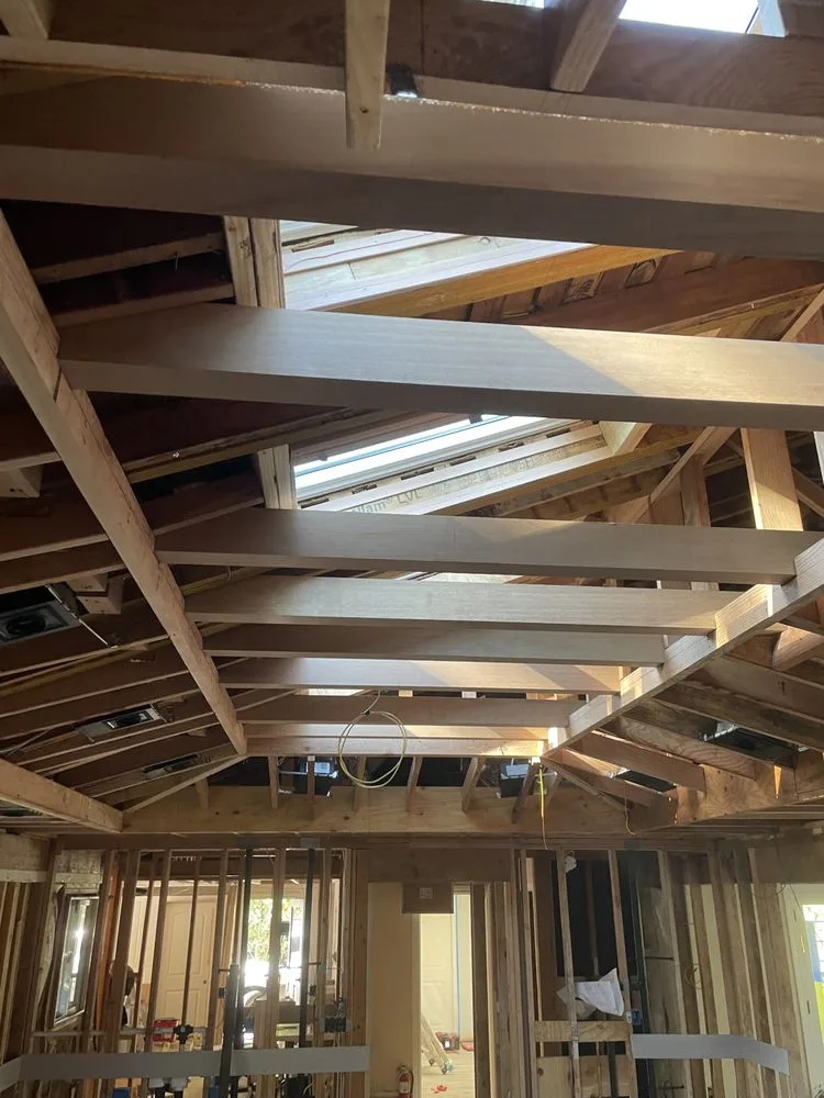 Structural framing with engineered LVL beams on a Watsonville home