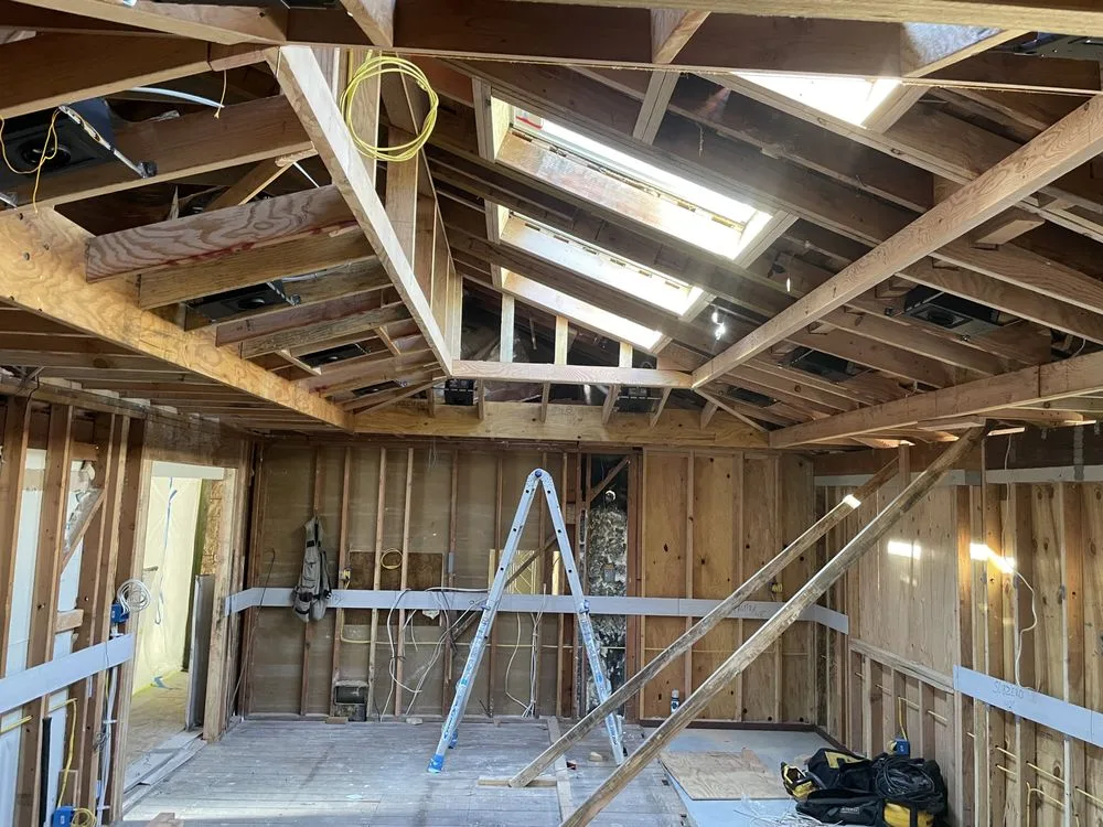 Interior roof framing on a project in Watsonville, CA